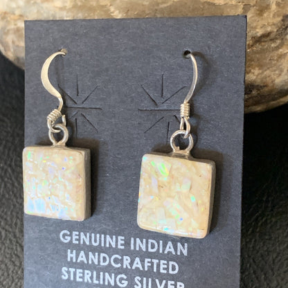 Womens White Opal Inlay Navajo Sterling Silver Dangle Drop Earrings 12768