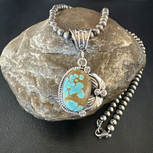 Men's Blue Turquoise#8 Pendant Navajo Necklace | Sterling Silver | Authentic Native American Handmade | 18086