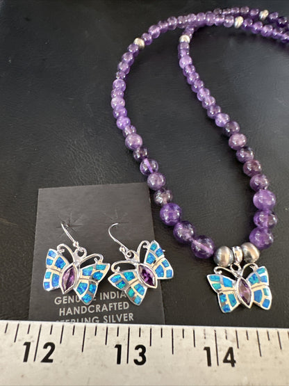 Butterfly Navajo Purple Amethyst Opal Sterling Silver Necklace Earrings 15299