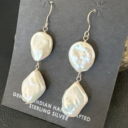 Beautiful White Sterling Silver Freshwater Pearl Dangle Earrings 1.5" 3077