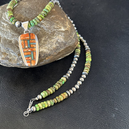 Green Turquoise Orange Spiny Pendant Sterling Silver Necklace 21” 19228