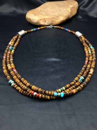 Navajo Tiger's Eye & Turquoise 3 Strand Necklace Sterling Silver 26" 4174