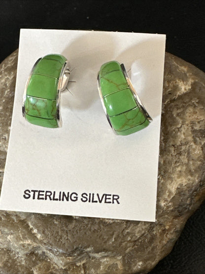 Southwestern Sterling Silver Green Gaspiete Inlay Earrings 1” 16741