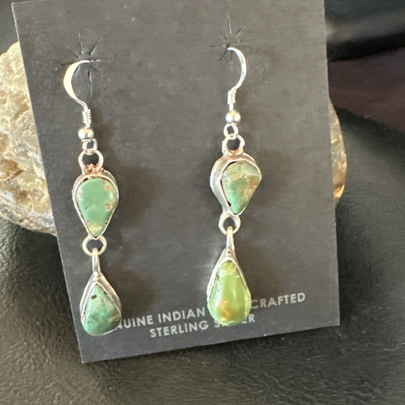 Green Royston Turquoise Navajo Sterling Silver Dangle Earrings 19414