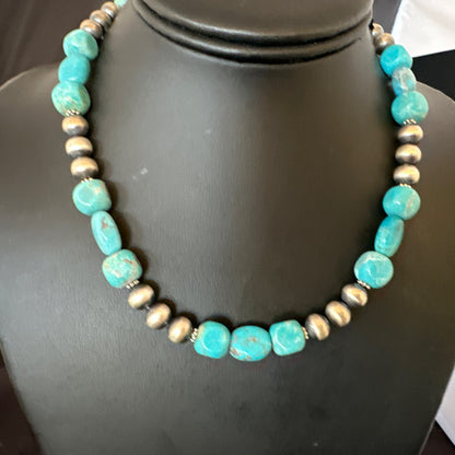 WoMens Blue Turquoise Nugget Navajo Pearls Sterling Silver Necklace 93416