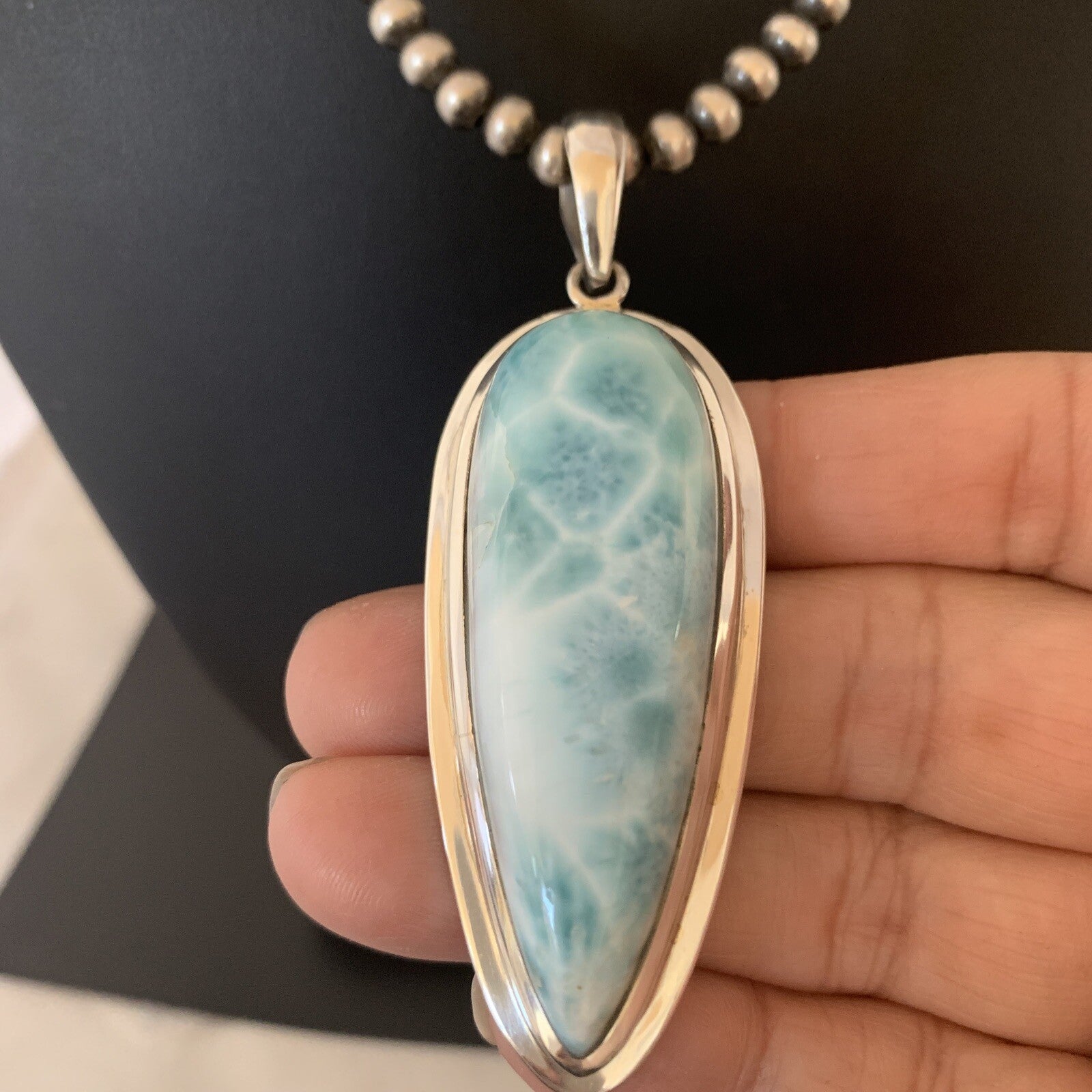 Womens Blue Larimar Pendant Navajo Sterling Silver Beads Necklace 01766
