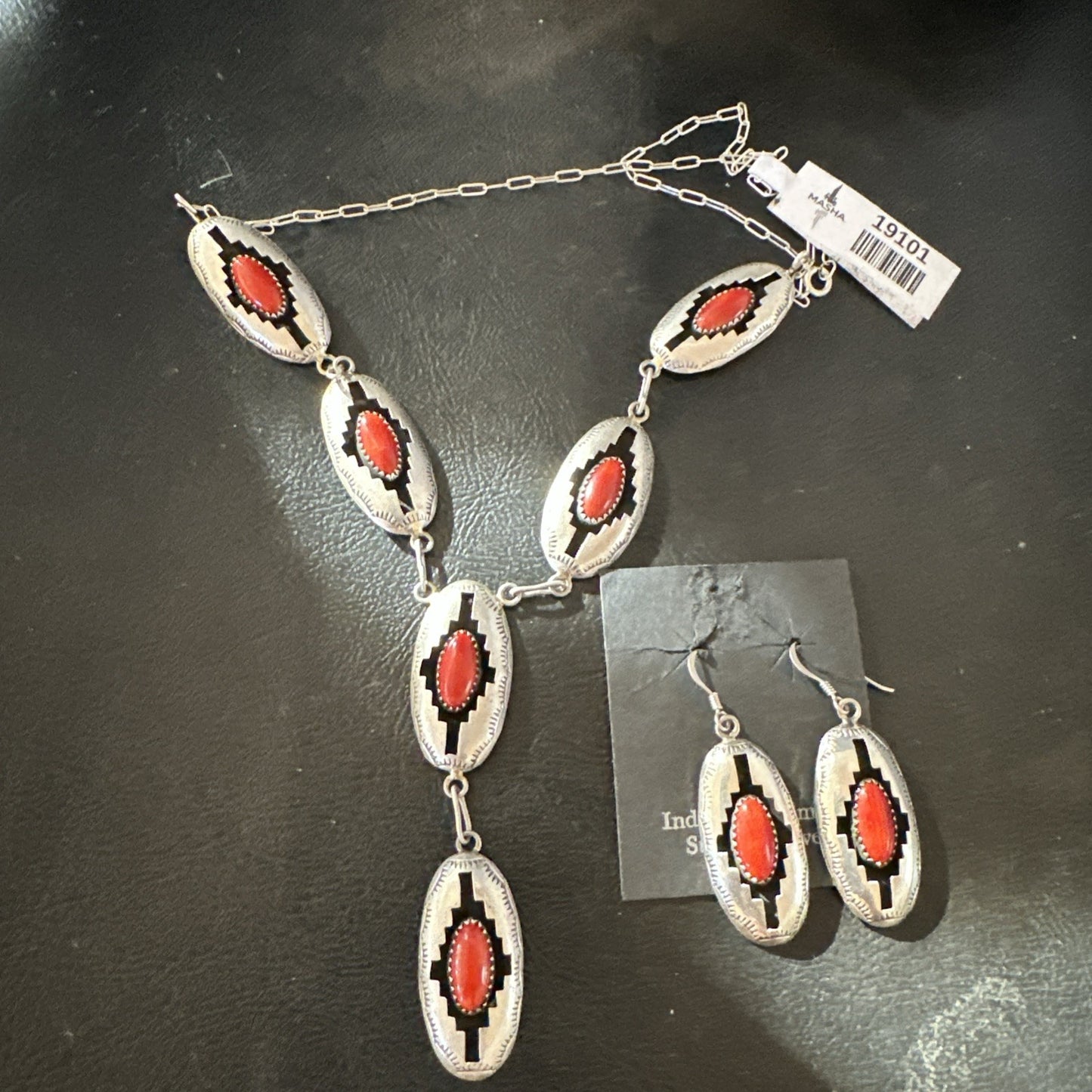 Old Native Navajo Red Coral Sterling Silver Shadowbox Necklace Earrings 18”19101