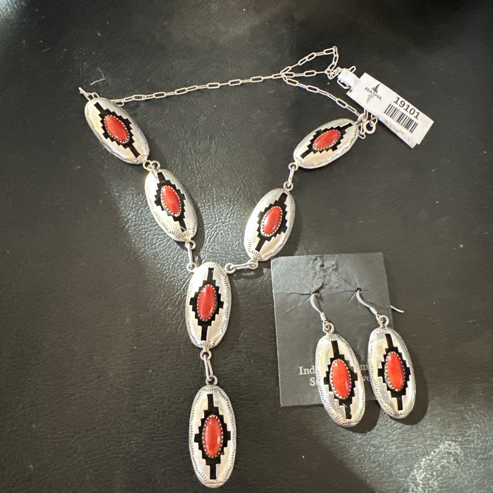 Old Native Navajo Red Coral Sterling Silver Shadowbox Necklace Earrings 18”19101