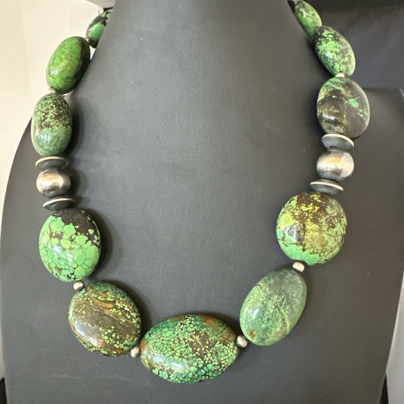 Green Turquoise Nugget Navajo Pearls Sterling Silver Necklace 19533