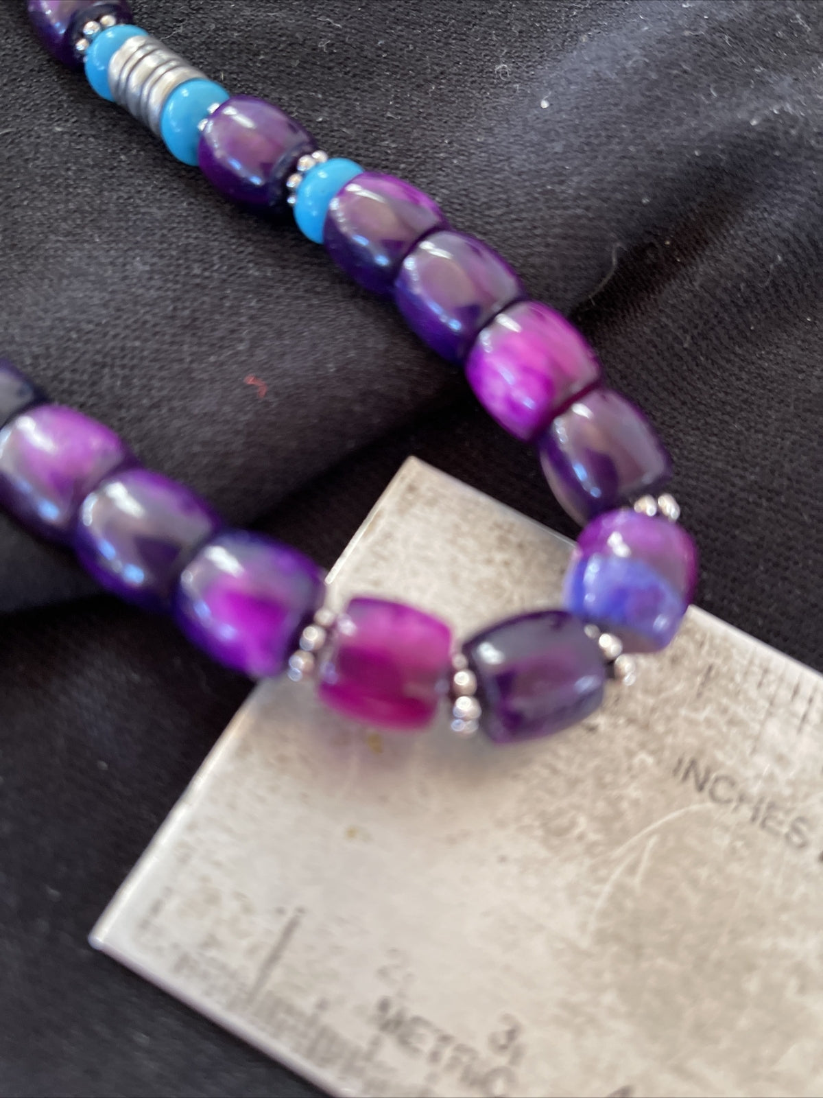 Purple Stone & Turquoise Indian Navajo Pearls Sterling Silver Necklace 01054