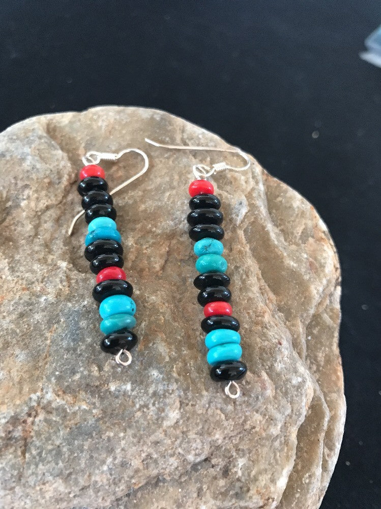 Navajo Sterling Silver Turquoise Black Onyx Coral Earrings 08334