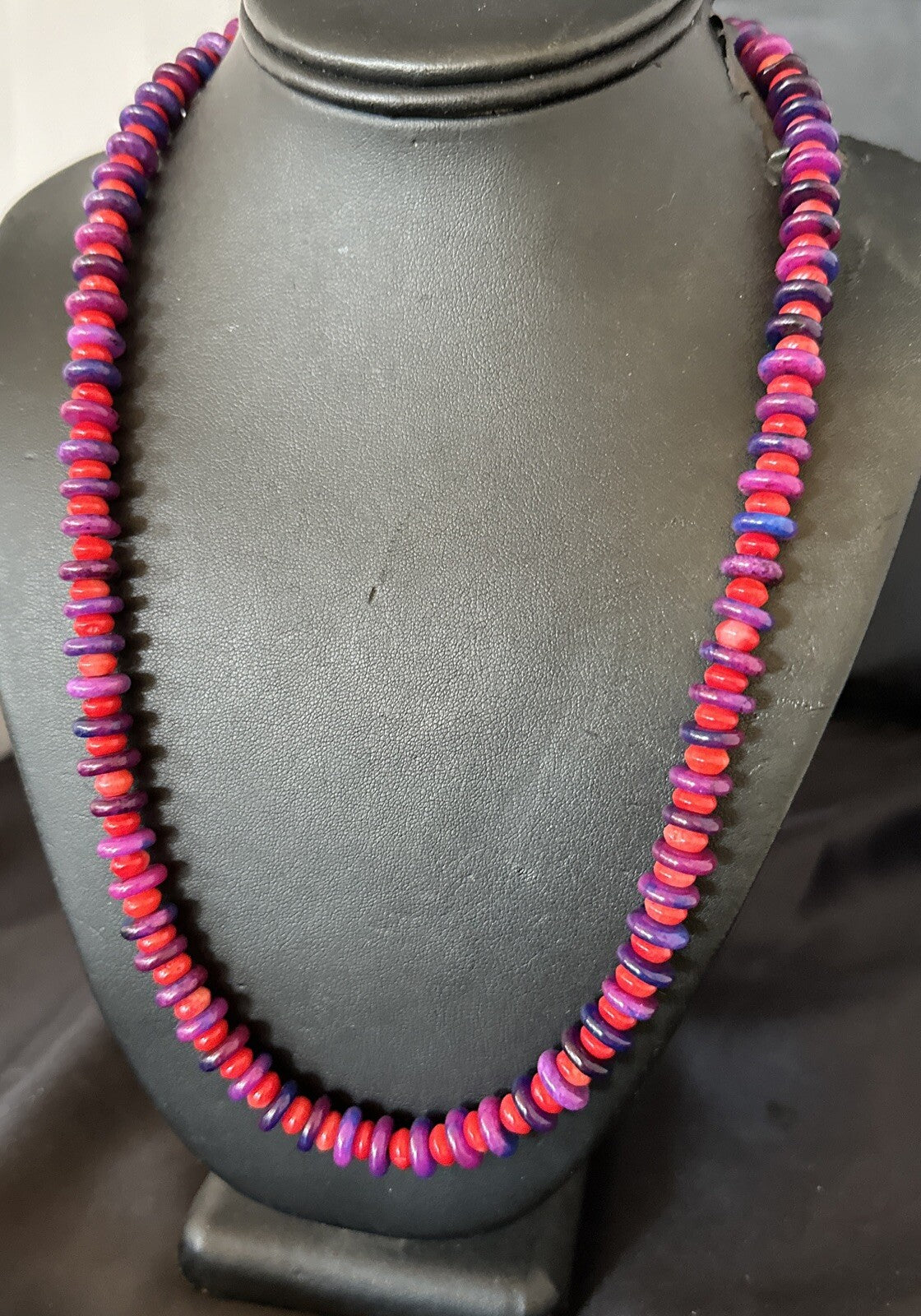 10mm  Purple Stone Red Coral Bead Navajo Sterling Silver Necklace 23” 17832