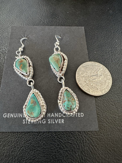 Green Royston Turquoise Navajo Sterling Silver Dangle Earrings 19371