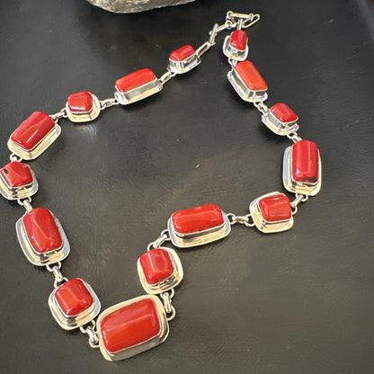 Handmade Women Red Coral Choker Necklace Pendant Sterling Silver 20” 18411