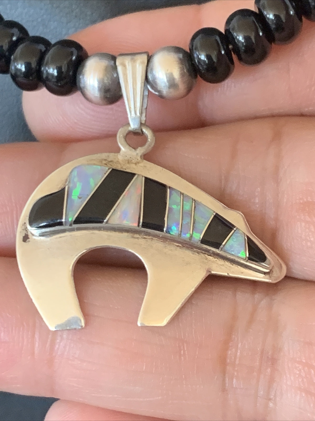 Turquoise Opal Inlay Pendant Black Onyx Navajo Sterling Silver Necklace 12698