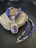 Purple Stone Pendant Navajo Pearls Necklace 21" | Sterling Silver | Authentic Native American Handmade | 18034