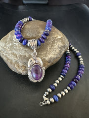 Purple Stone Pendant Navajo Pearls Necklace 21" | Sterling Silver | Authentic Native American Handmade | 18034