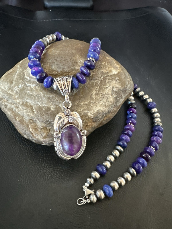Purple Stone Pendant Navajo Pearls Necklace 21" | Sterling Silver | Authentic Native American Handmade | 18034