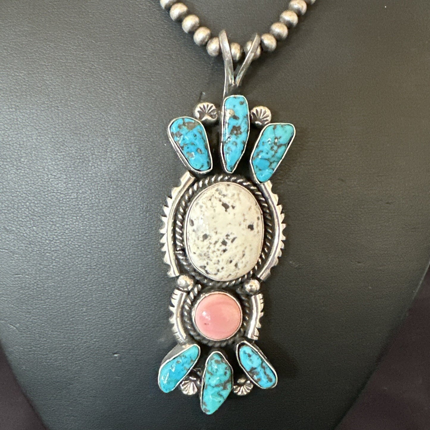 Blue Kingman Turquoise White Navajo Sterling Silver Cluster Pendant 4" 19325