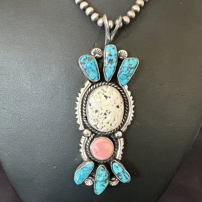 Blue Kingman Turquoise White Navajo Sterling Silver Cluster Pendant 4" 19325
