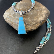 Blue Turquoise Inlay Pendant Navajo Pearls Necklace | Sterling Silver | Authentic Native American Handmade | 12614