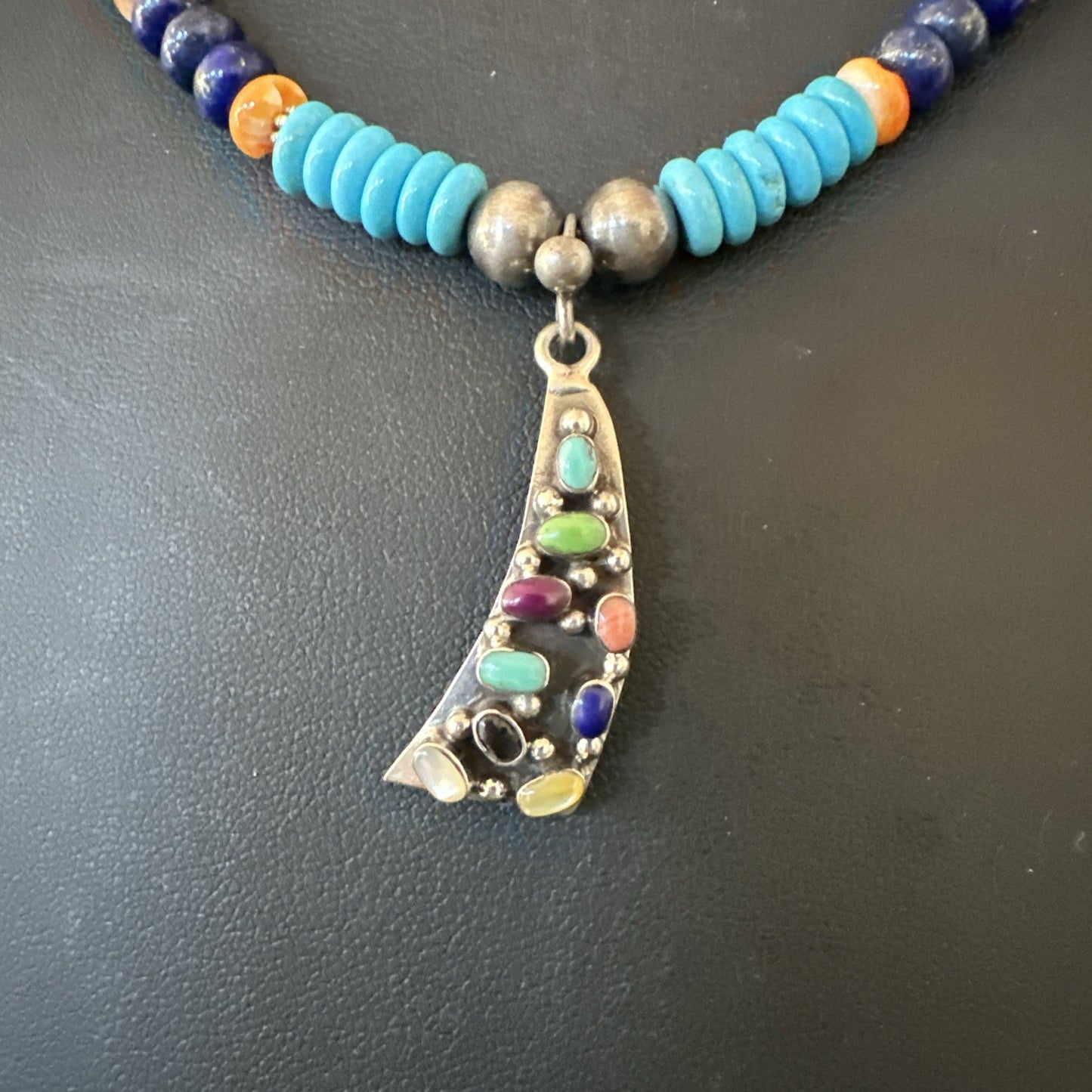 Multicolor Turquoise Spiny Navajo Sterling Silver Cluster Pendant Necklace 19650