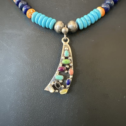 Multicolor Turquoise Spiny Navajo Sterling Silver Cluster Pendant Necklace 19650