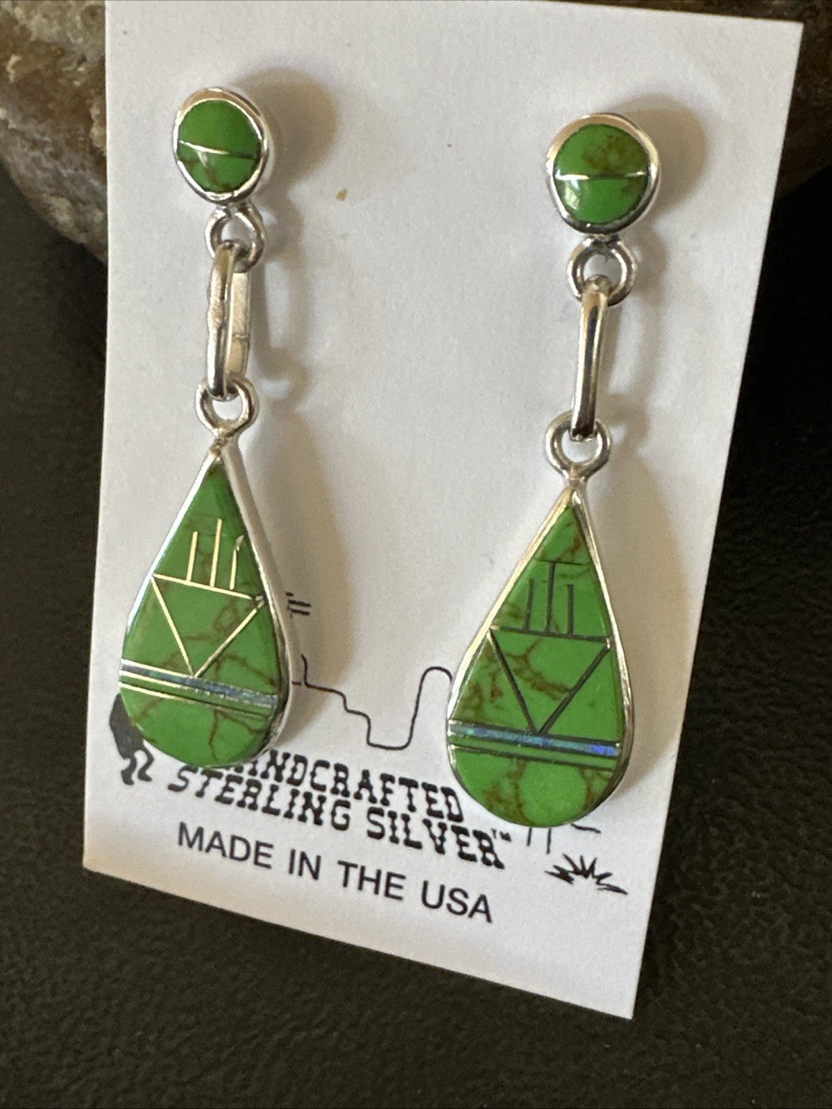 Green Gaspeite Southwestern Sterling Silver Inlay Earrings 1.5" 19154