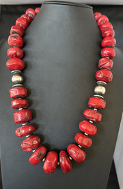 Chunky Navajo Red Bamboo Coral Bead Necklace 24"Graduated | Sterling Silver | Authentic Native American Handmade | 19532