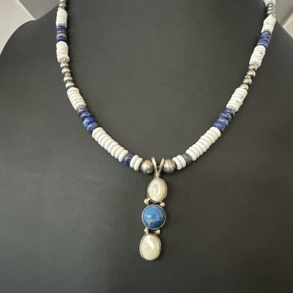 Blue Lapis White MOP Howlite Pendant Navajo Sterling Silver Necklace 19656