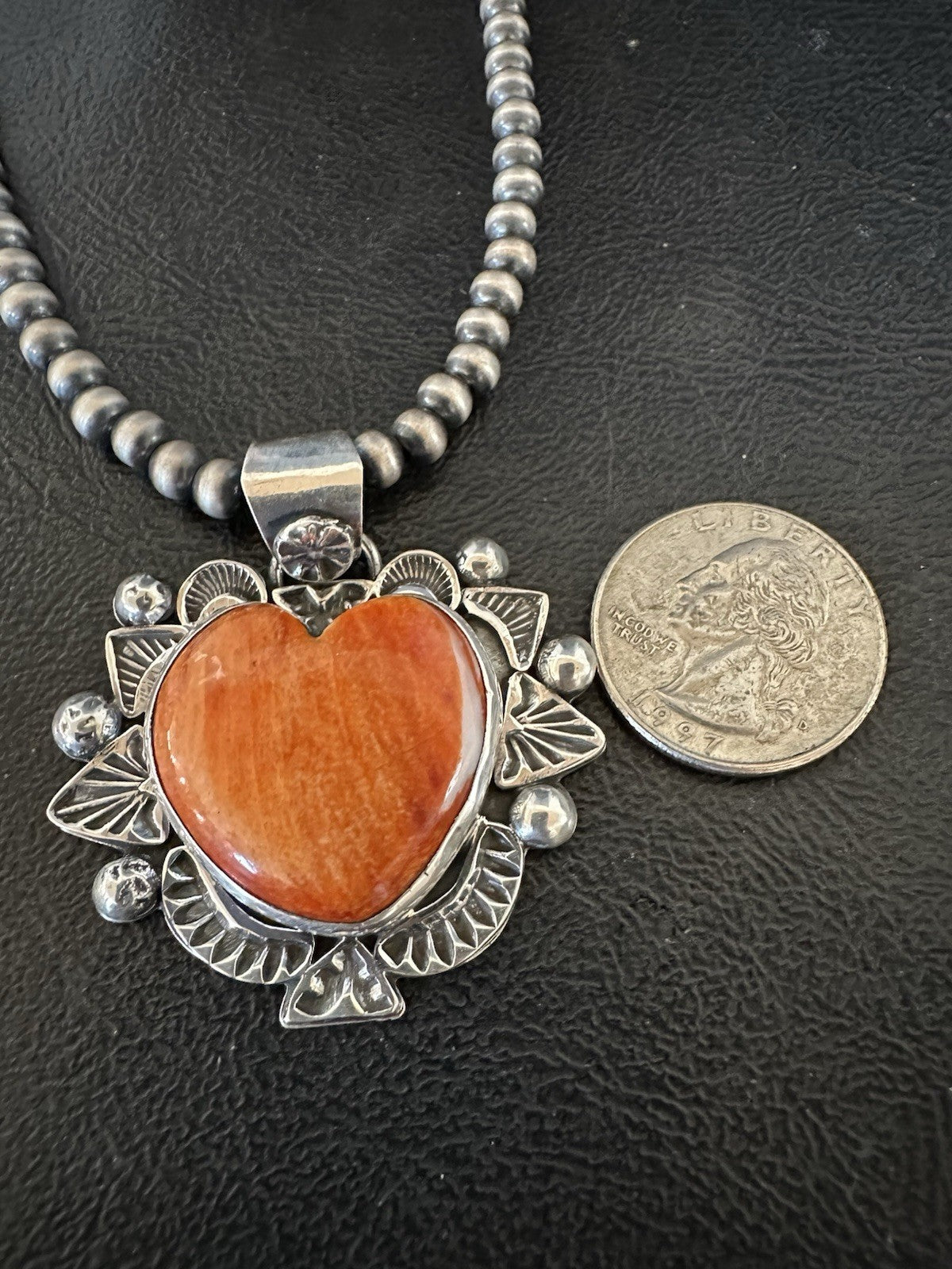 H Joe Orange Spiny Oyster Heart Pendant Navajo Sterling Silver Necklace 19485