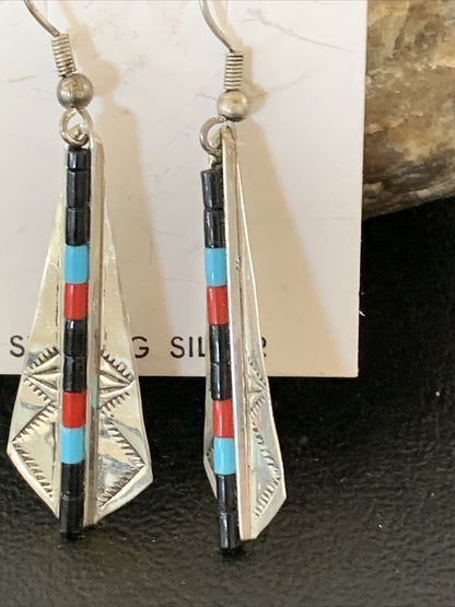 Turquoise & Coral Inlay Navajo Sterling Silver Earrings 1.5" 01710