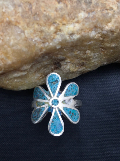 Navajo Blue Turquoise Flower Ring Sterling Silver 6.75 03076