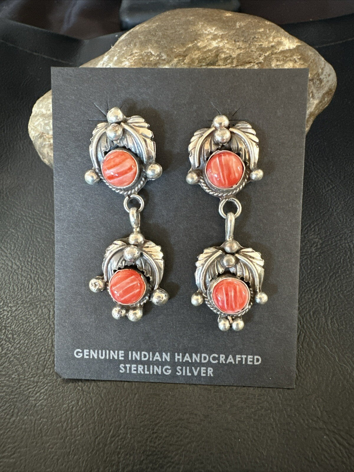 Red Spiny Oyster Pearl Navajo Sterling Silver Dangle Earrings 2062