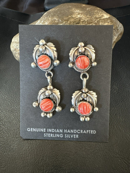 Red Spiny Oyster Pearl Navajo Sterling Silver Dangle Earrings 2062
