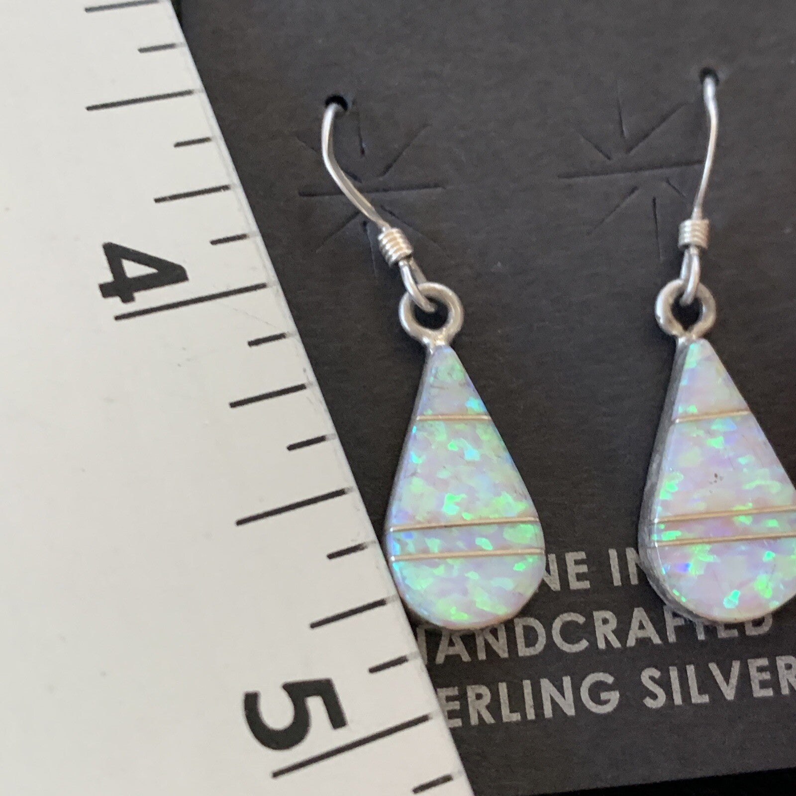 Womens White Opal Inlay Navajo Sterling Silver Dangle Post Earrings 0.5" 12770