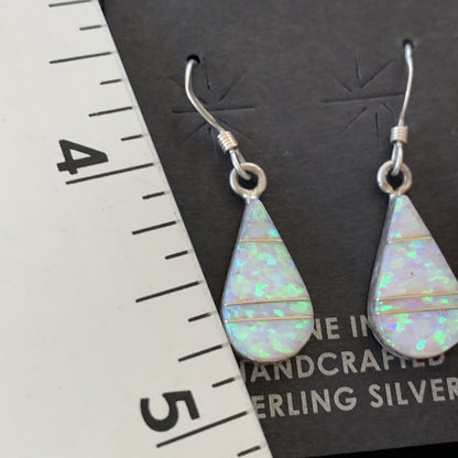 Womens White Opal Inlay Navajo Sterling Silver Dangle Post Earrings 0.5" 12770