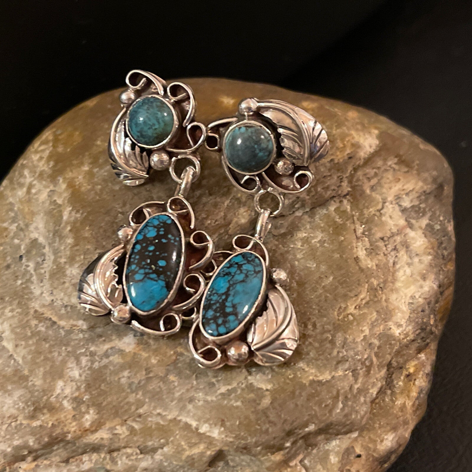 Spiderweb Turquoise Navajo Sterling Silver Post Dangle Earrings 02026