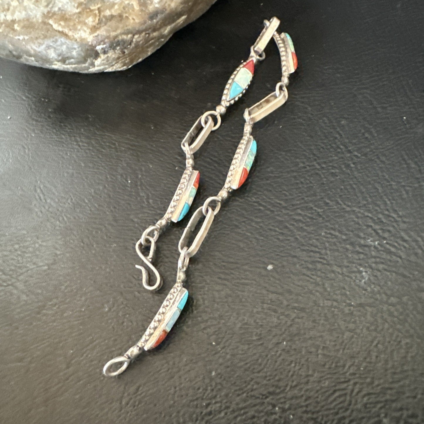 Women Oldpawn Turquoise Opal Coral Navajo Sterling Silver Link Bracelet 8” 19798