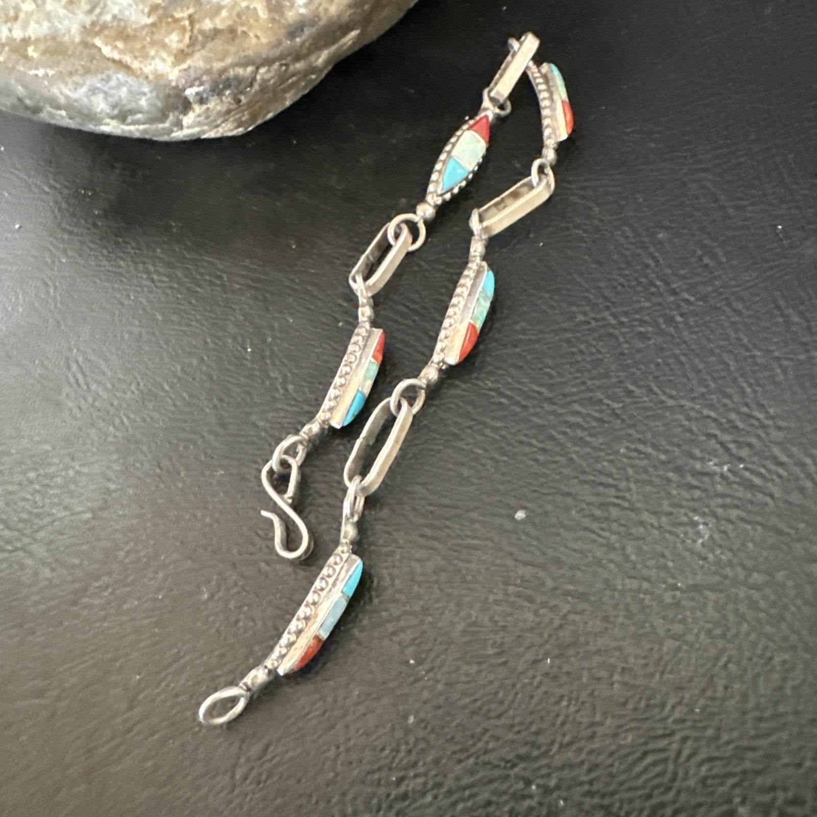 Women Oldpawn Turquoise Opal Coral Navajo Sterling Silver Link Bracelet 8” 19798