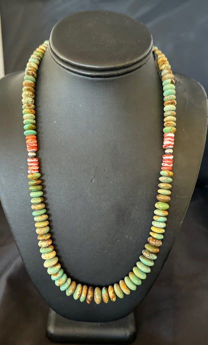 Green Turquoise Red Spiny Oyster Navajo Sterling Silver Necklace 22" 18361