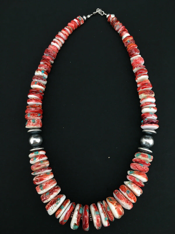 Spiny Oyster Graduated Navajo Necklace 21" | Sterling Silver | Authentic Native American Handmade | 04719