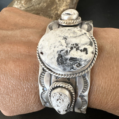 Mens WoMens White Buffalo Turquoise Navajo Sterling Silver Cuff Bracelet 17861