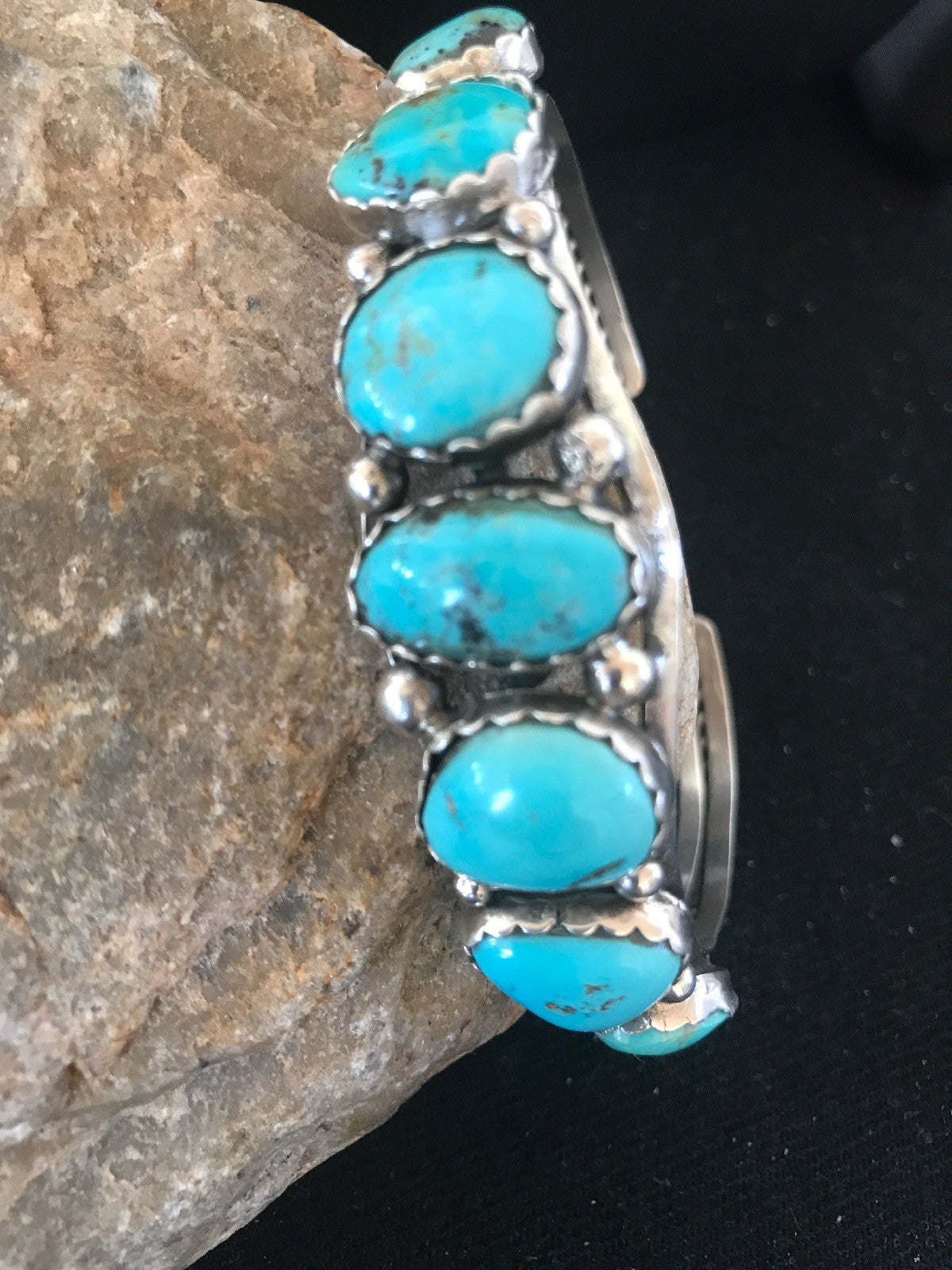 Native Turquoise Navajo Sterling Silver 7 Stone Bracelet Platero 08309
