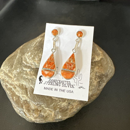 Womens Opal Spiny Oyster Inlay Navajo Sterling Silver Dangle Earrings 19135