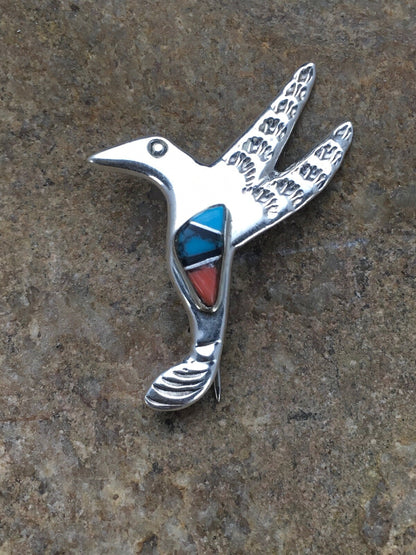 Coral & Turquoise Hummingbird Navajo Sterling Silver Inlay Pin 02901