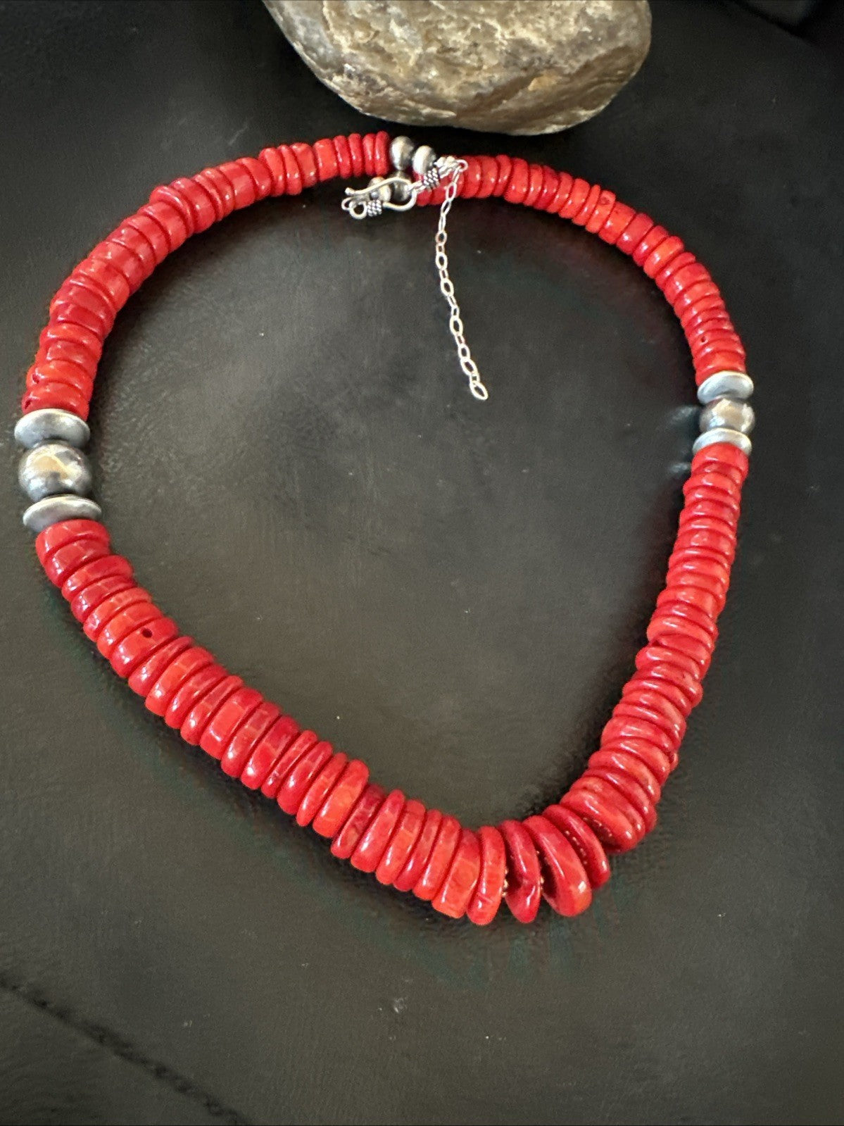 Red Bamboo Coral Navajo Sterling Silver Bead Necklace 19" 19227