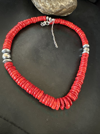 Red Bamboo Coral Navajo Sterling Silver Bead Necklace 19" 19227