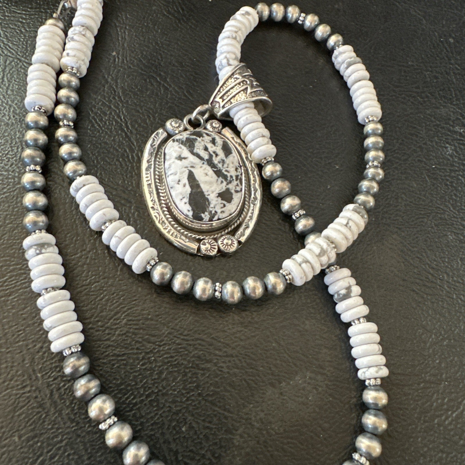 White Buffalo Turquoise Pendant Navajo Pearls Sterling Silver Necklace 20” 19499