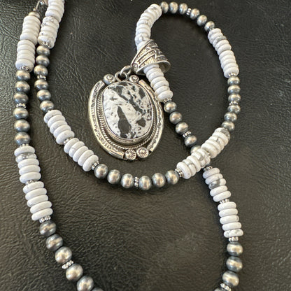 White Buffalo Turquoise Pendant Navajo Pearls Sterling Silver Necklace 20” 19499